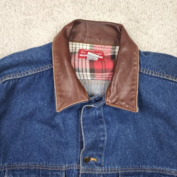 Marlboro Store Denim Trucker Jacket Brown Leather Collar Size XL Vintage VTG Y2K - Picture 3 of 8